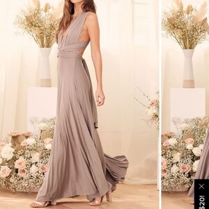 Lulu's Taupe Tricks of the Trade Convertible Maxi Dress Size Small